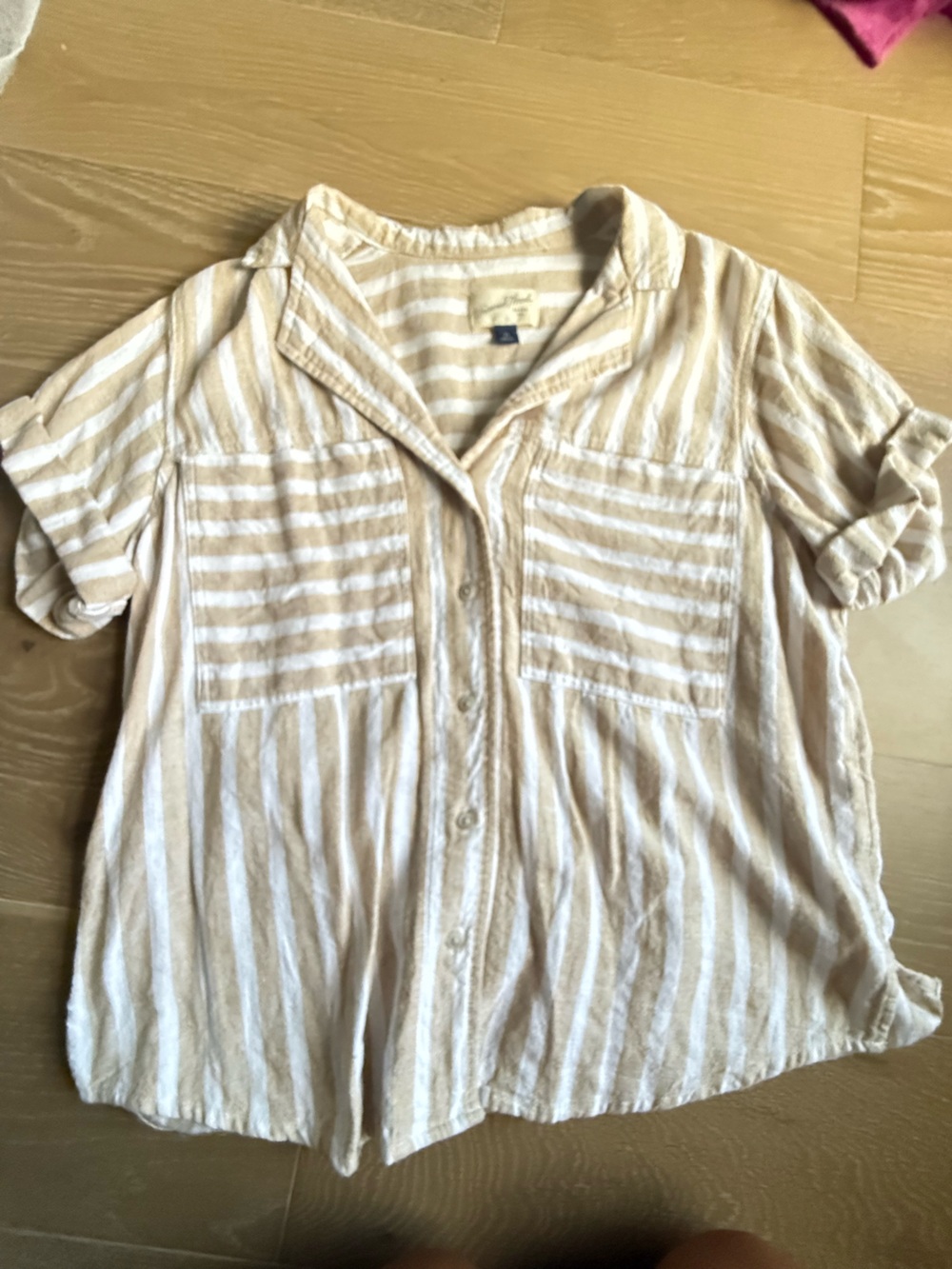 Universal Thread Beige and White Striped Button-Down Women’s Top